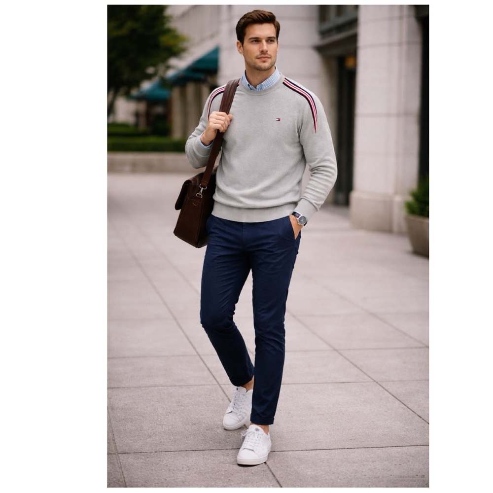 TOMMY HILFIGER Gray Logo Crewneck Sweater Sz M Sport Stripe Raglan Preppy - Picture 3 of 15